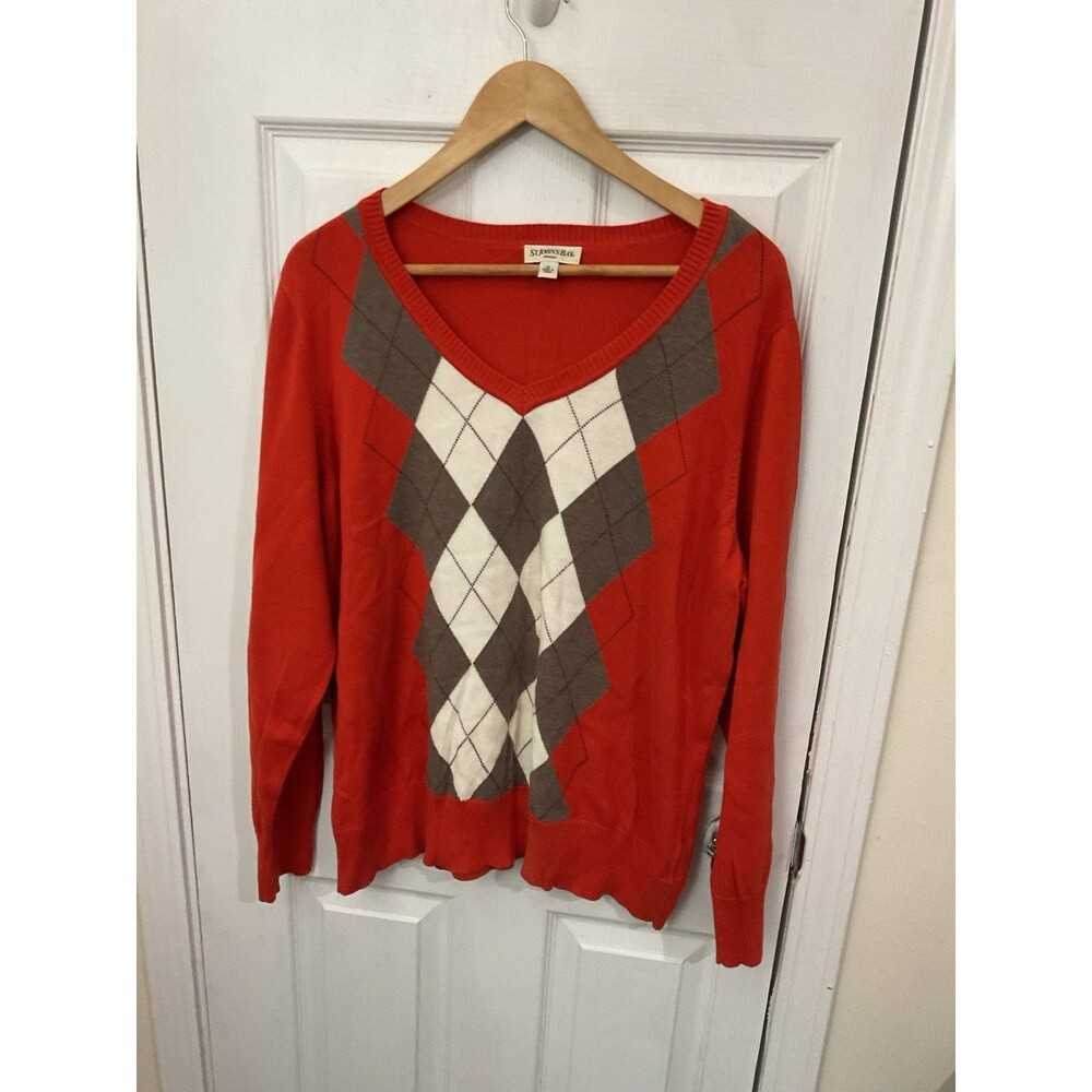 St. John's Bay  Orange Argyle DesignV-Neck Sweater Size 1x